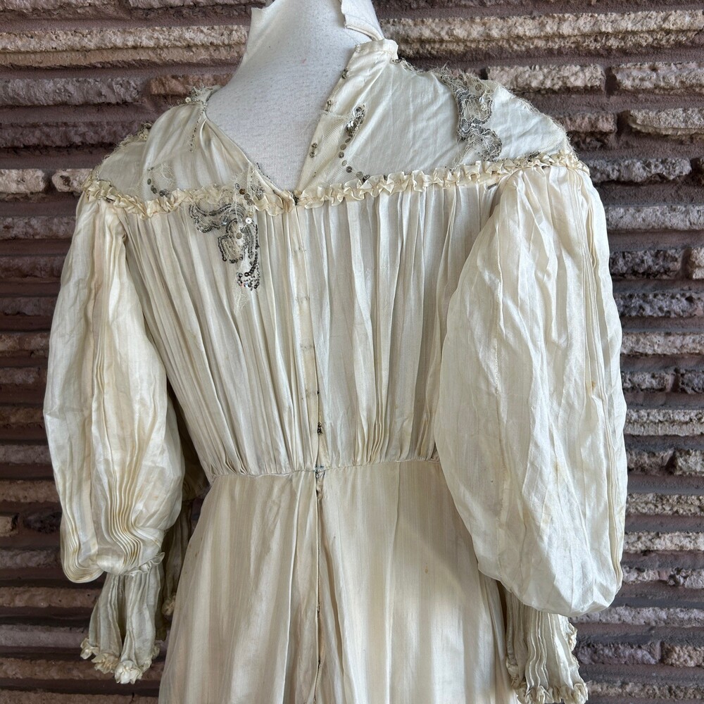 Antique Victorian Ivory Dress Mesh Lace Sequins Distressed Damaged As Is - Picture 10 of 16